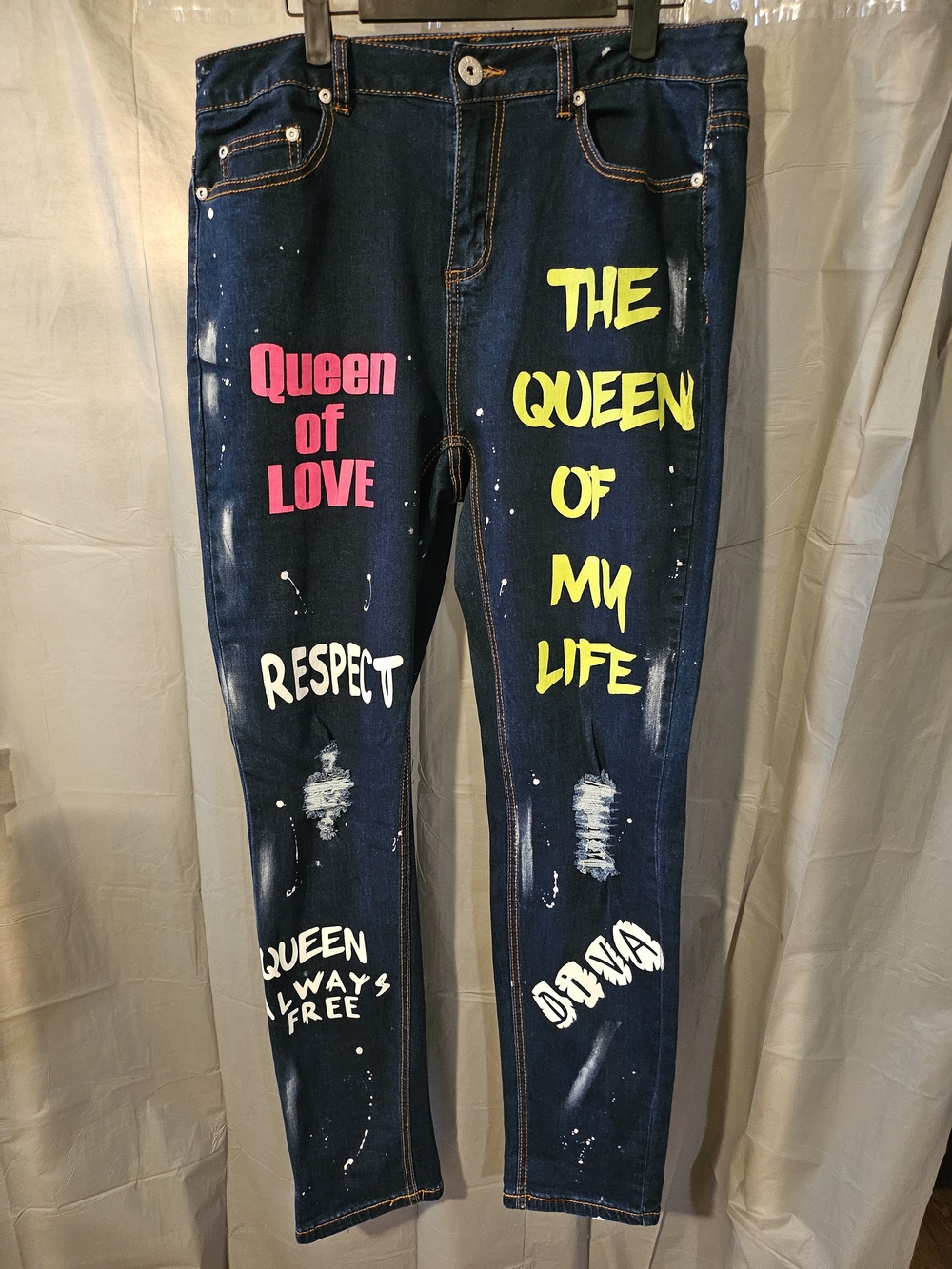Ashley Stewart Dark Blue Skinny Jeans with Neon Yellow & Hot Pink Graphics